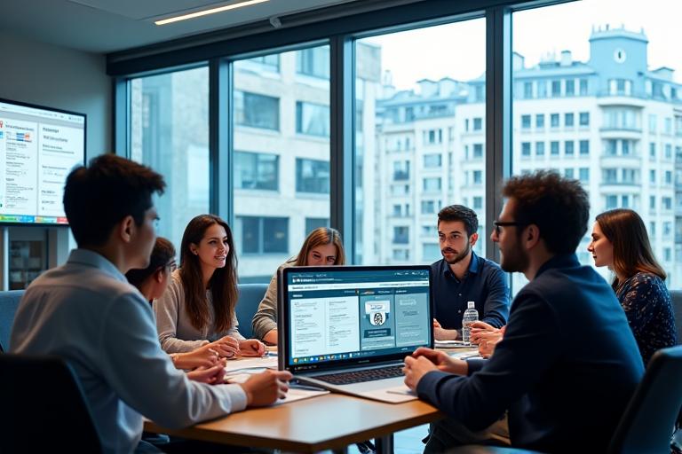 Équipe de Luminaire Conseil collaborant autour d'interfaces d'IA sur des écrans, dans un bureau moderne et lumineux à Paris.