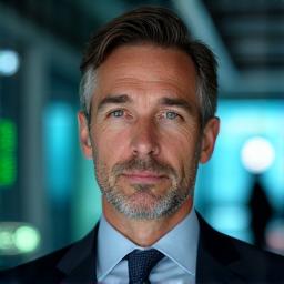 Portrait déterminé de Marc Bernard, Architecte IA, dans un bureau