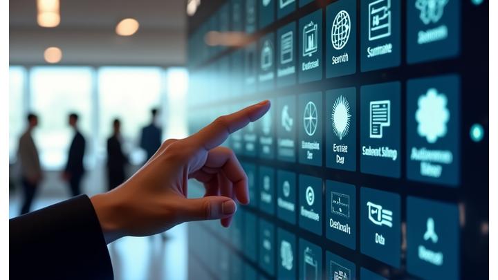 Démonstration vidéo d'un assistant IA utilisant des cartes d'outils pour des actions rapides et concrètes. Interface utilisateur élégante montrant des vignettes interactives avec icônes et descriptions, déclenchant des processus automatisés.