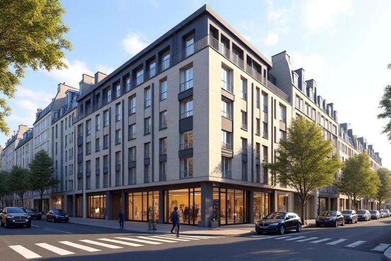 Photo de l'extérieur du bâtiment de Luminaire Conseil au 2847 Rue des Couronnes à Paris, avec une architecture moderne et une ambiance urbaine, sous un ciel légèrement nuageux.