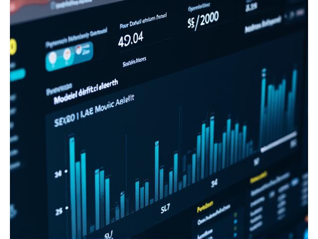 Interface de tableau de bord montrant des graphiques de performance de modèles IA avec des courbes de métriques, des alertes de dérive et des comparaisons A/B testing.