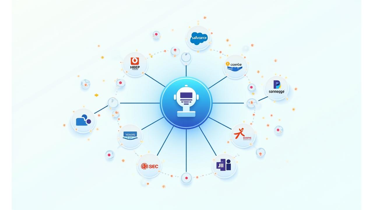 Visualisation d'un écosystème de connecteurs d'API, montrant des logos d'applications populaires comme Salesforce, ServiceNow, Confluence interconnectés via des lignes de données vers un noyau central d'IA.