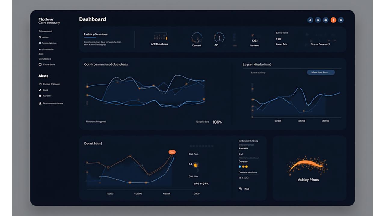 Tableau de bord de monitoring temps réel montrant des graphiques de latence, de taux d'erreur, de débit d'API, avec des alertes visuelles et des intégrations logicielles affichées.