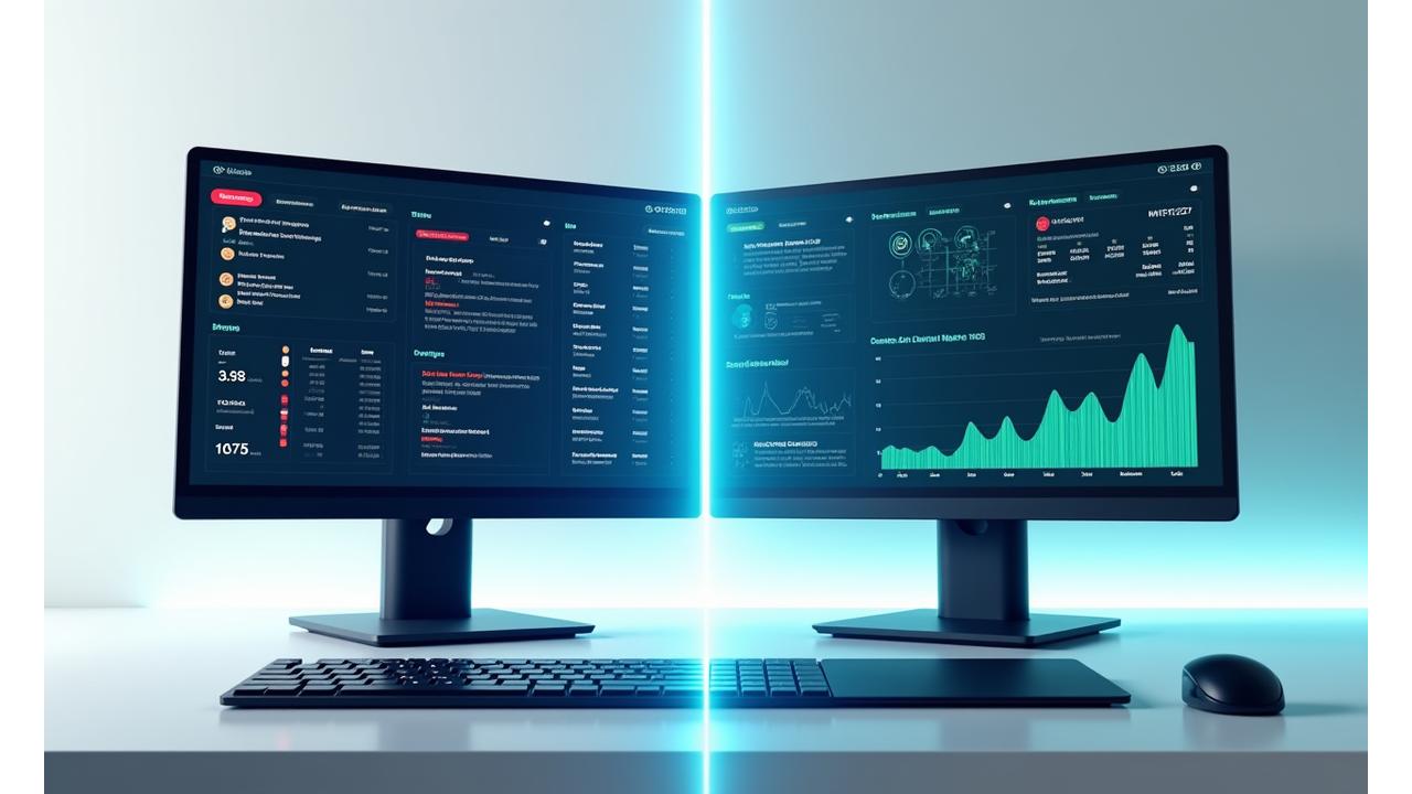 Illustration d'une interface utilisateur d'IA avec des graphiques d'analyse montrant une amélioration, symbolisant l'optimisation UX avant et après pour une meilleure adoption.
