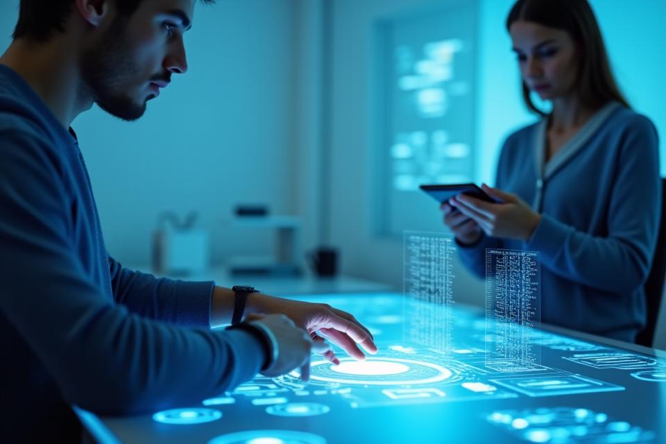 Illustration d'un cadre de test utilisateur moderne, avec des templates et des lignes directrices, symbolisant les protocoles de test pour les interfaces IA.
