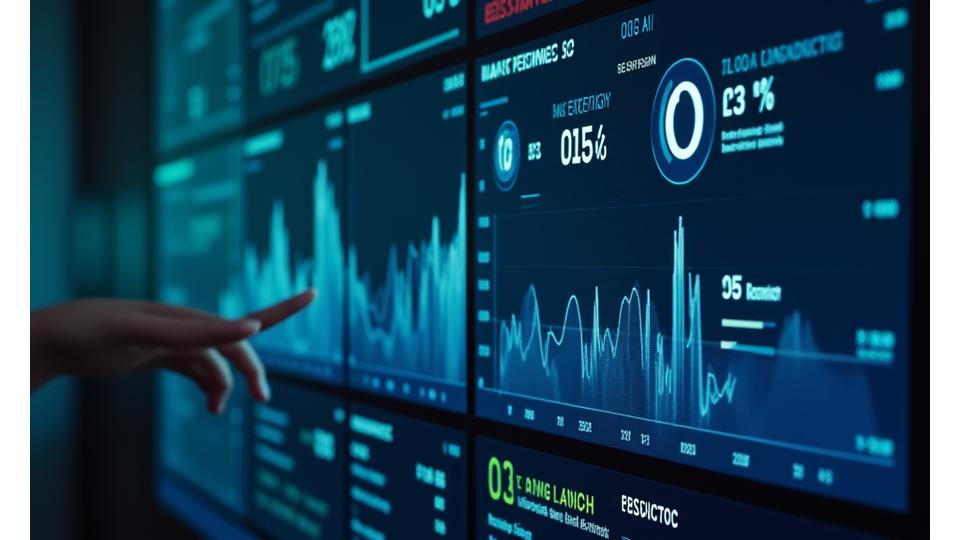 Tableau de bord interactif affichant des graphiques de performance, des métriques de cohérence et des indicateurs de réduction des hallucinations pour un assistant IA.